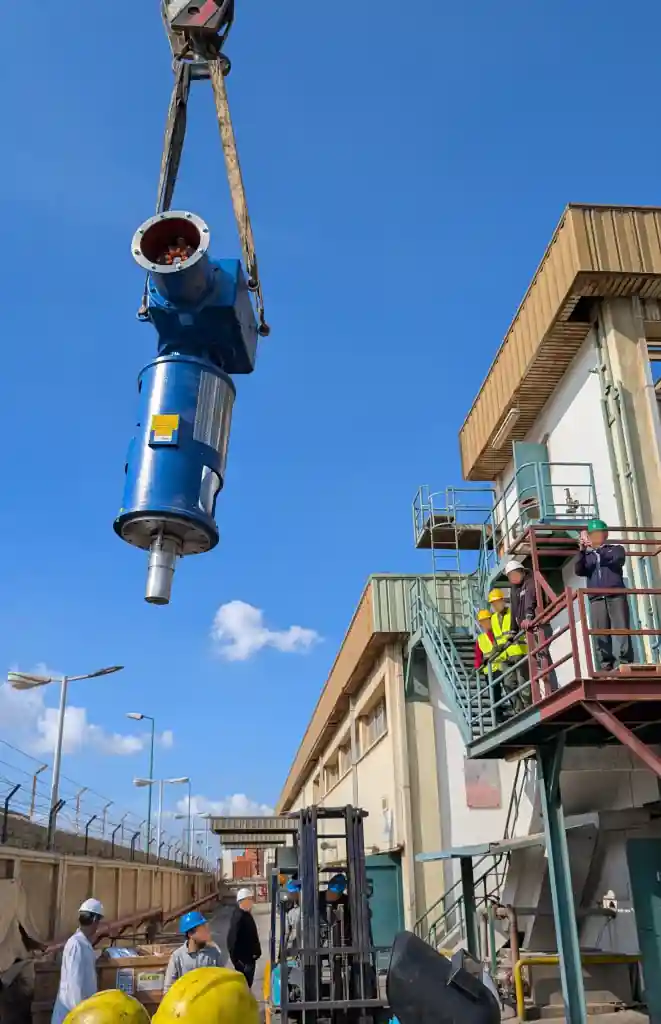 Izado e instalación de agitador industrial vertical en planta química de Egipto para proceso de emulsiones de alta viscosidad